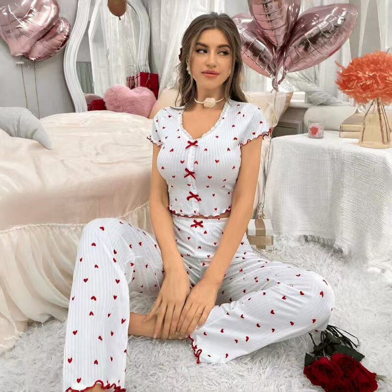 European and American Cross-Border Best-Selling Home Wear Printed Heart V Neck Short-Sleeved Pajamas for Women That Can Be Worn Outside Pants Two-Piece Suit
