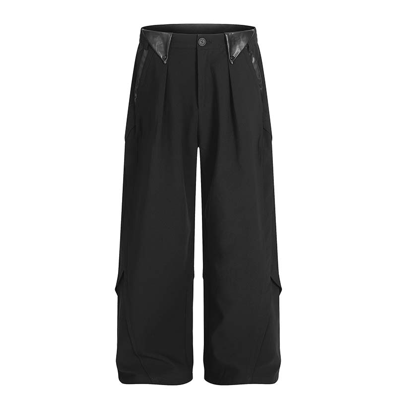 Trendy American-Style Pleated Pu Leather Patchwork Straight-Leg Casual Pants for Men, Loose-Fitting Versatile Wide-Leg Drape Dress Pants
