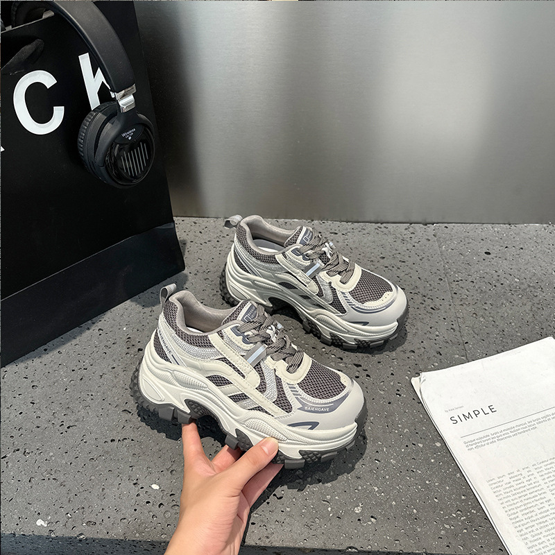欧洲站厚底真皮网面镶钻增高老爹鞋女2025秋季新款休闲百搭运动鞋|undefined