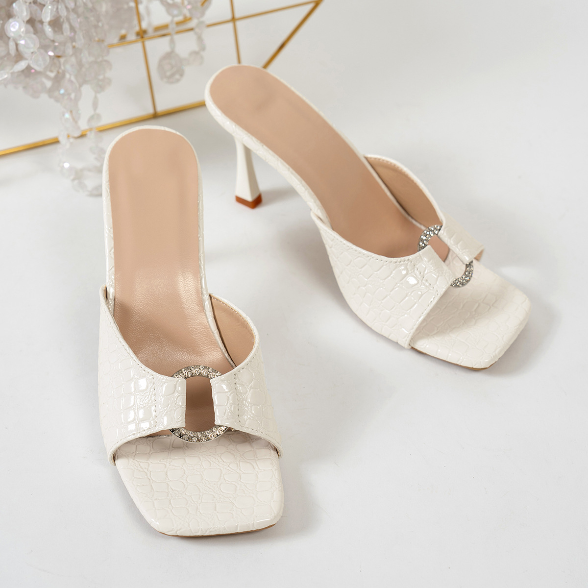 Stiletto Heeled Square Toe Rhinestone Sandals, Summer New Style Open Toe Plus Size High Heeled Sandals_vogvips.com