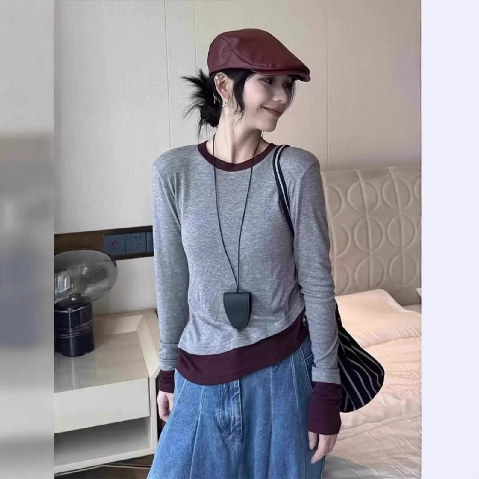 假两件撞色圆领长袖t恤女2025初秋新款设计感修身内搭打底衫上衣