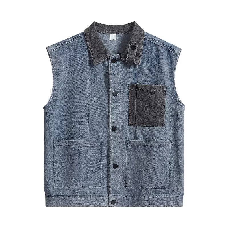 2024 Vintage Colorblock Denim Vest Jacket Loose Straight Sleeveless Outer Top