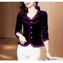 金丝绒打底衫女秋冬新款外搭气质V领套头保暖衣长袖字母刺绣上衣