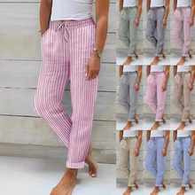 2024亚马逊欧美跨境休闲家居裤新款外贸条纹纯色棉麻宽松长裤女装
