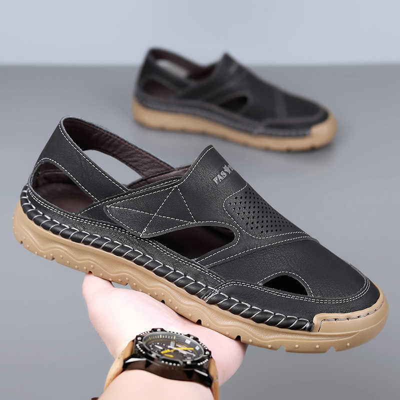 Men's Leather Sandals, Breathable Casual Shoes With Velcro Strap_voghion.com