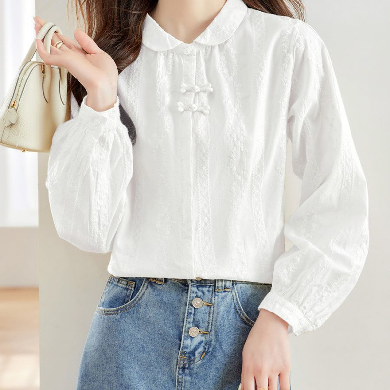 長袖の純綿の刺繍のシャツの女性の2025春の服装の新型の新しい中国式の肉を遮ってやせている上着の純綿はシャツを掛けます|undefined