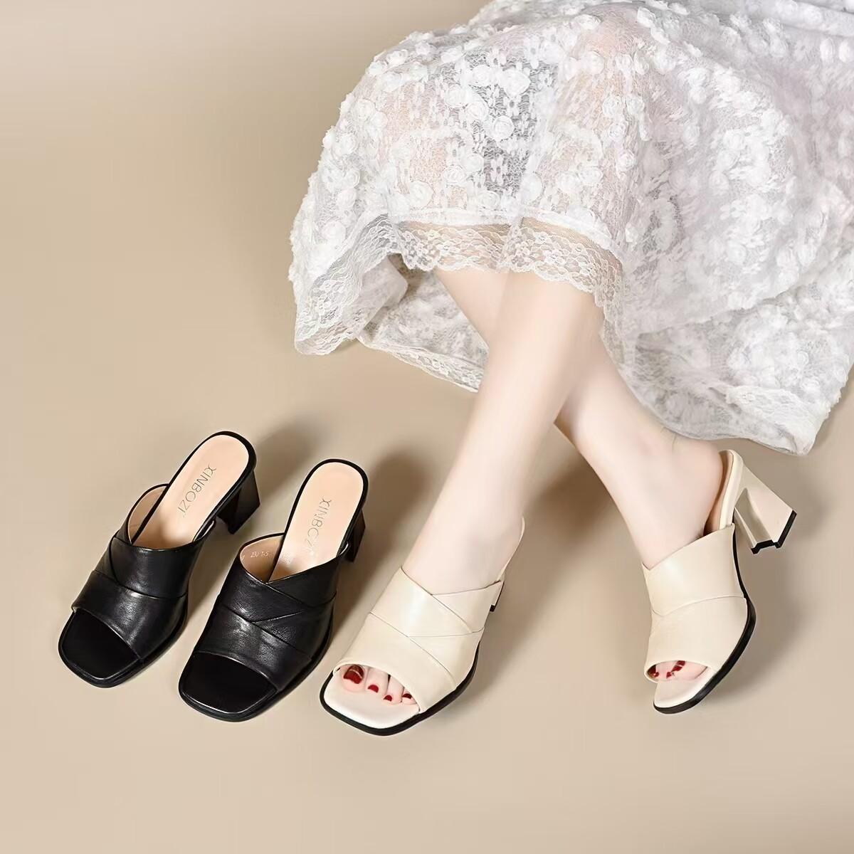 Sandal cao gót nữ mũi hở miệng cá da thật gót vuông quai ngang — màu đen