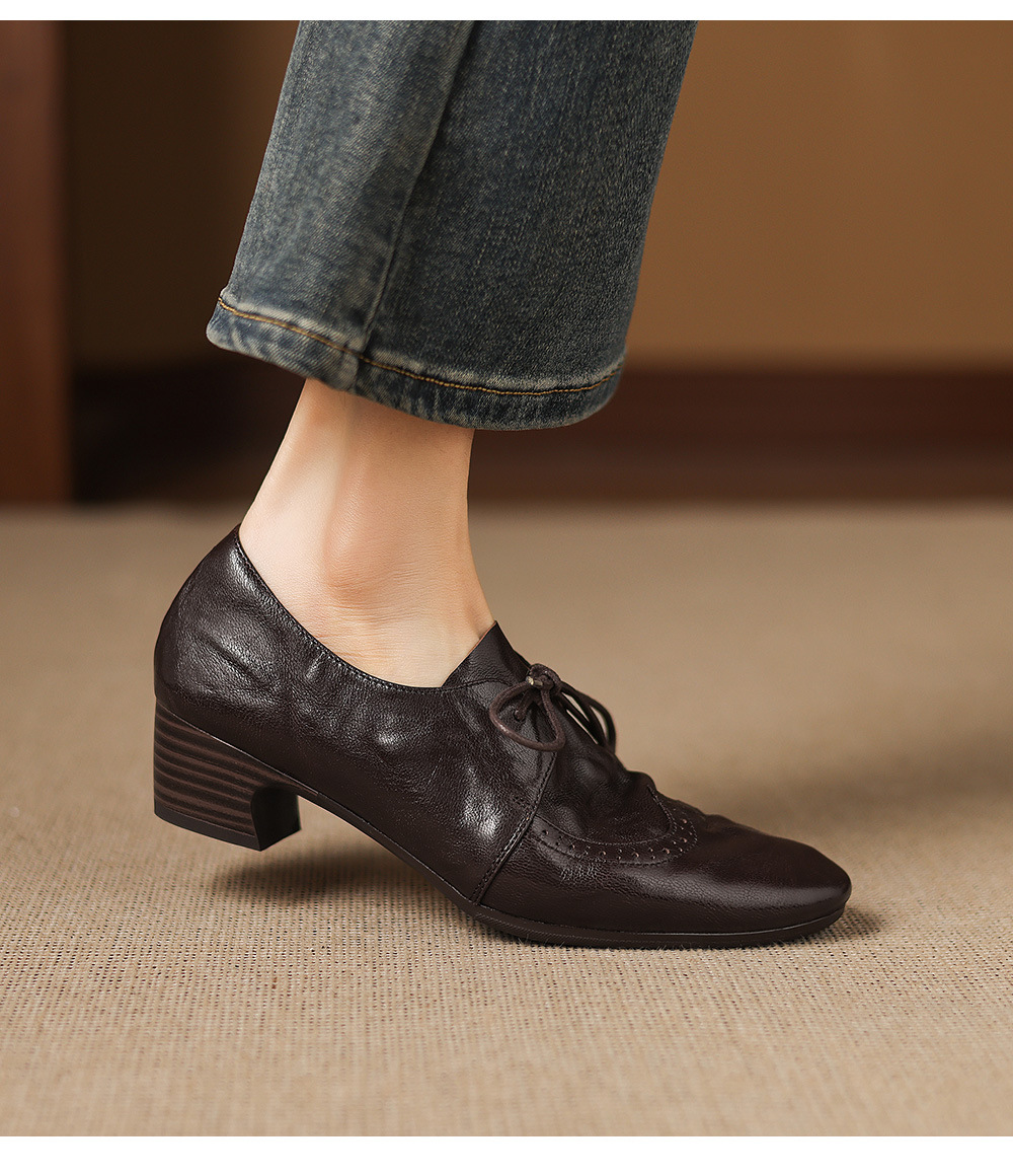 Giày loafer nữ da cừu buộc dây phong cách vintage, gót thấp vuông — màu nâu chi tiết 11