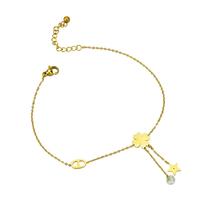 Cálido trébol de cuatro hojas para mujer nuevo diseño de nicho de oro de 14K Cadena de pie de alto grado colgante de estrella de cinco puntas adornos de acero de titanio