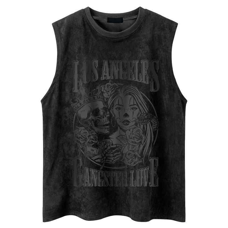 YPRS Men's American Style Dark Style Ins Skull Suede Sleeveless Vest Men's Loose Top Waistcoat Sports TEE