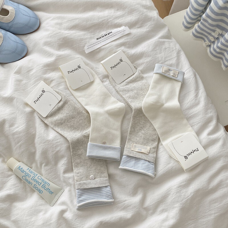 Korean White Blue Summer Thin Socks Women's Mid-tube Socks Double Rakou Striped Shell Decorative Bow Piled Socks