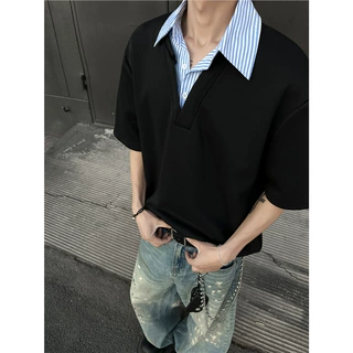 夏季新款慵懒假两件衬衫翻领T恤男款宽松百搭潮流休闲设计感短袖