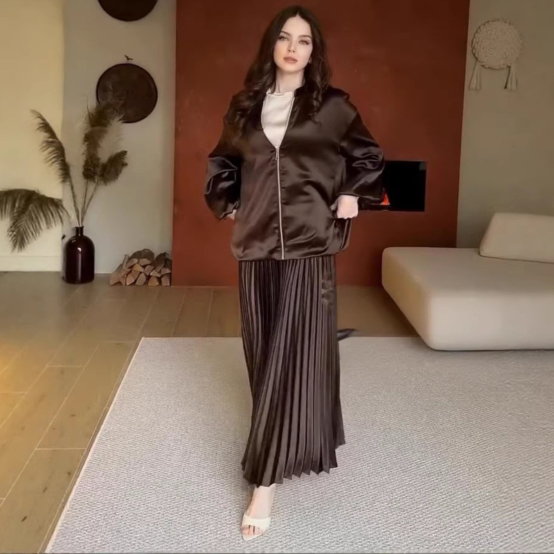 Amazon Cross-Border 2026 Foreign Trade Women's Clothing Autumn New Style Zipper Sports Jacket Elegant Pleated Long Skirt Amazon Cross-Border 2026 Foreign Trade Women's Clothing Autumn New Style Zipper Sports Jacket Elegant Pleated Long Skirt