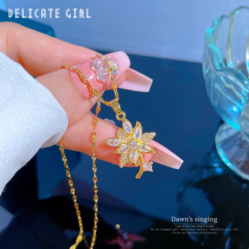 Simple Style Flower Titanium Steel Inlay Zircon Pendant Necklace 1 Piece