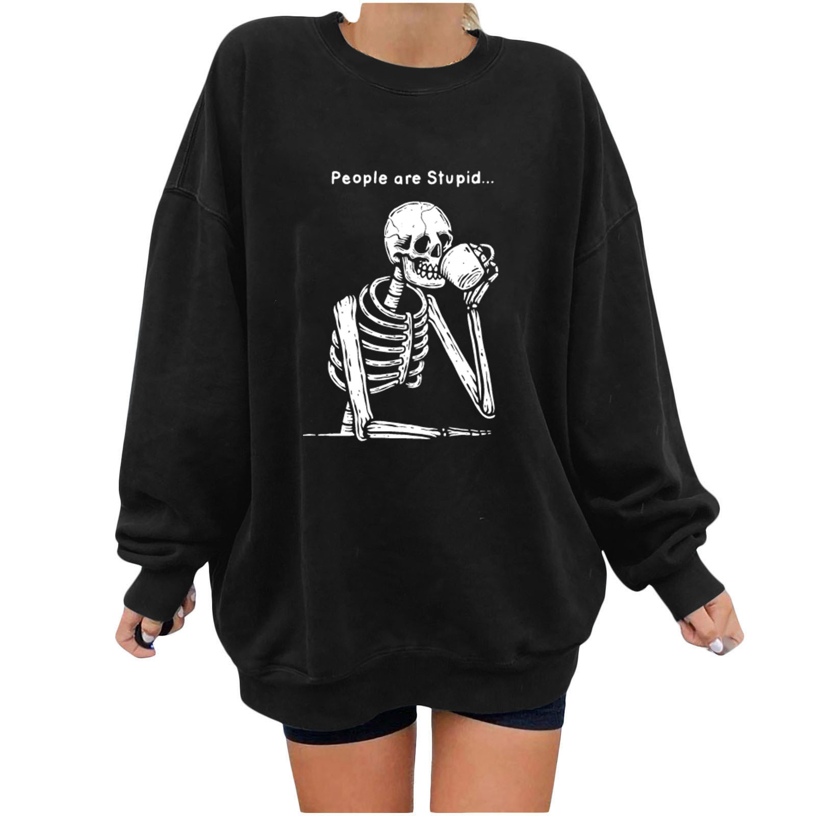 Women's Crew Neck Skull Print Sweatshirt Oversized Casual Pullover_voghion.com