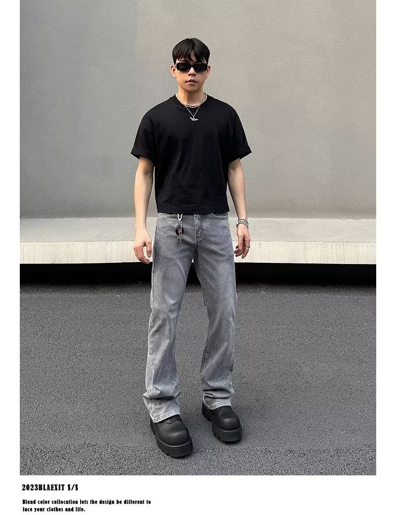 Men's Gray American Streetwear Vintage Wash Flared Jeans, Relaxed Fit Bootcut Denim Pants With Distressed Details For Urban Fashion_mkmklike.com