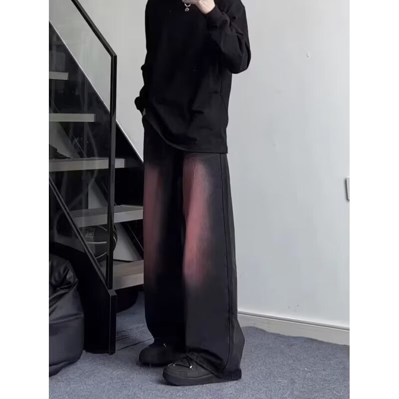 水洗拼粉色牛仔裤男款直筒宽松春秋季美式复古男生裤子微喇高街