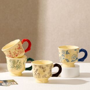 Vintage Flower Mug Light Luxury Ceramic Cup Girl's Water Cup Home Office Exquisite High Foot Breakfast Cup