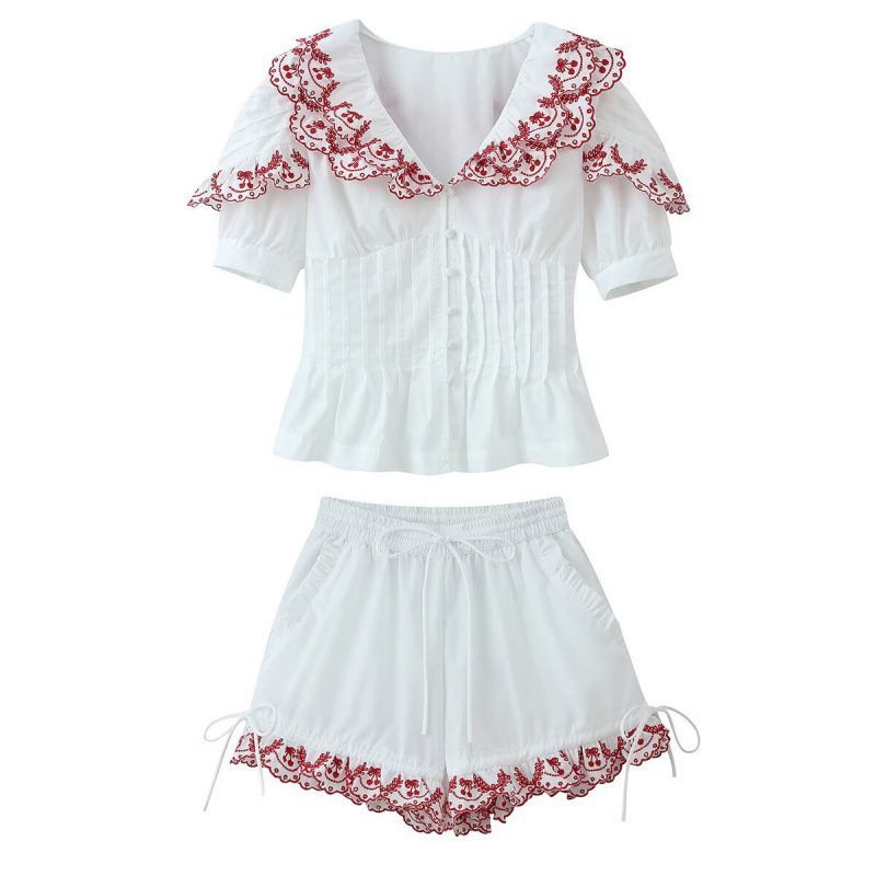 Cross-border women's clothing 2026 summer new style: fashionable casual embroidered doll collar ruched top and embroidered shorts Cross-border women's clothing 2026 summer new style: fashionable casual embroidered doll collar ruched top and embroidered shorts