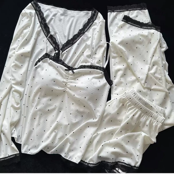 [Shenming Girl] Модальные весенне-осенние пижамы из ледяного фарфора, Женская удобная летняя домашняя одежда в горошек, весна и лето с нагрудной накладкой