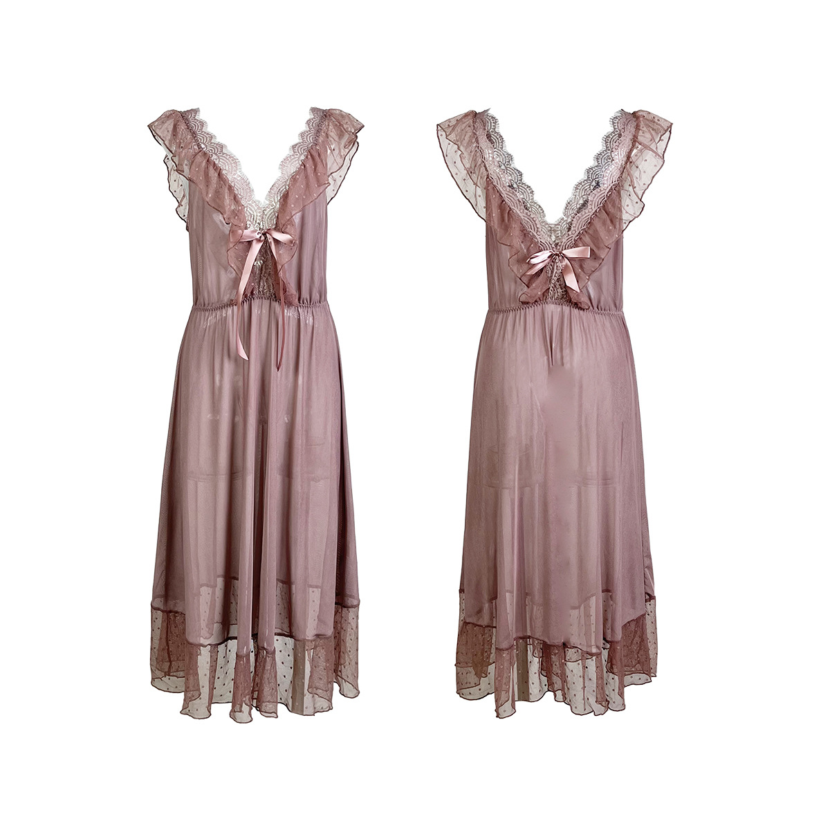 Camisón de Encaje Transparente con Estampado de Lunares Estilo Europeo y Americano Mufei, Multicolor, Cuello en V, Ropa de Dormir Sexy, Talla Grande, Ropa de Estar en Casa 666