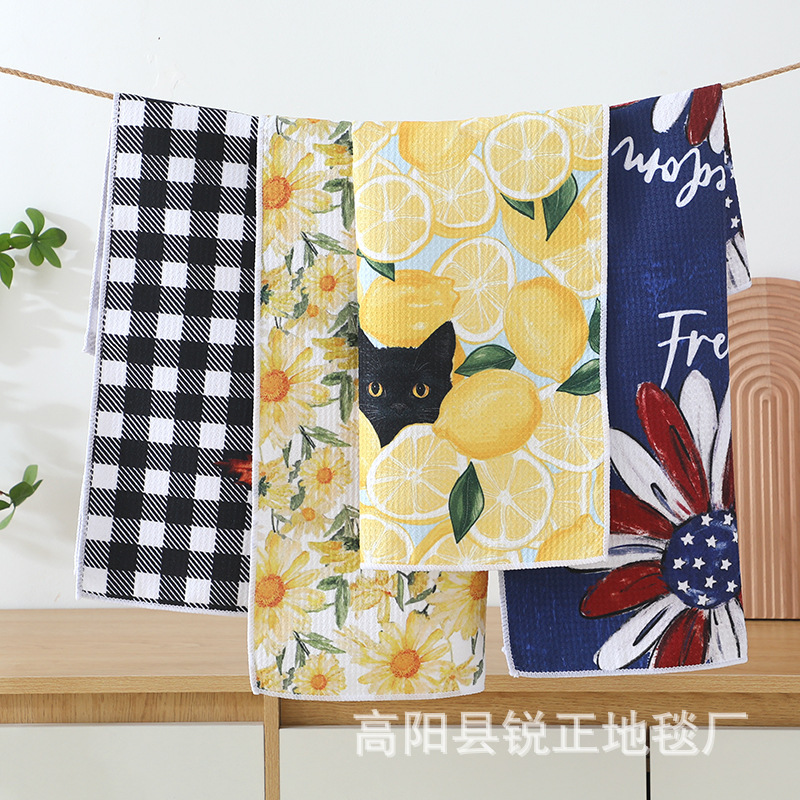 家用华夫格速干毛巾厨房吸水专用茶巾加厚高级感可爱卡通印花方巾