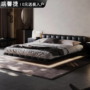Tofu Block Suspension Bed Italian Minimalist Leather Bed Head Layer Cowhide Double Bed Master Bedroom Wedding Bed Leather Bed Black