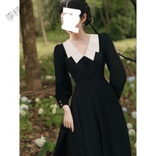 法式复古宫廷风黑色叠领24新品小众赫本风气质修身显瘦长袖连衣裙