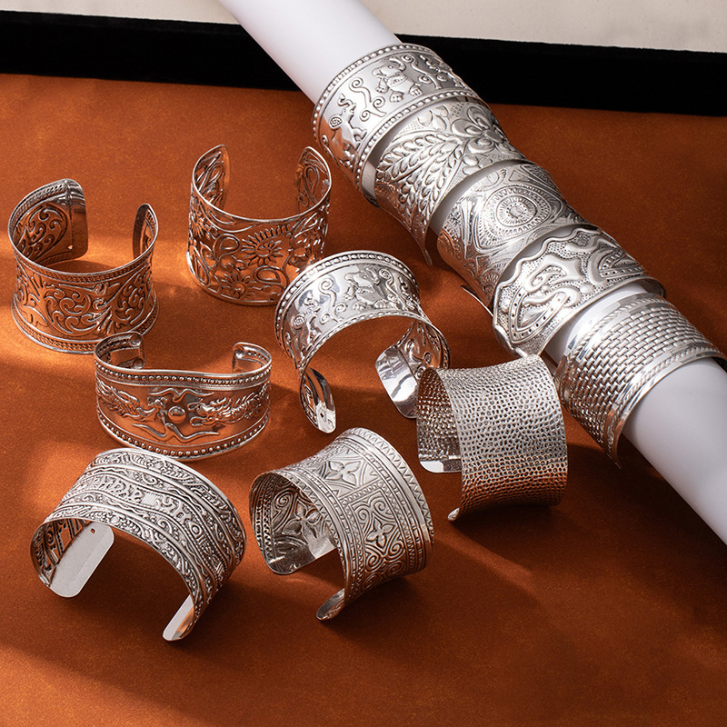 Exotic Dunhuang Golden Wide Bracelet Ethnic Style Bohemian Arm Ring Dai Ethnic Indian Style Xizang Silver Imitation Miao Silver Jewelry