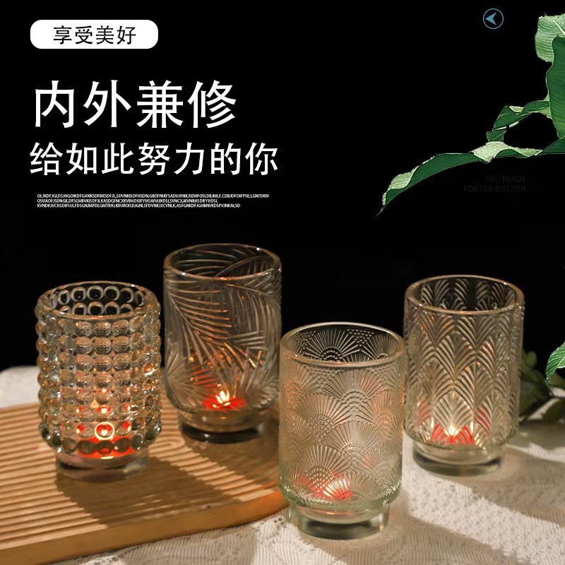 Glas de vela transparente engrosada en relieve candelabro de incienso hecha por sí mismo vasos de vela DIY recipiente de cera de boca grande adornos candelabro