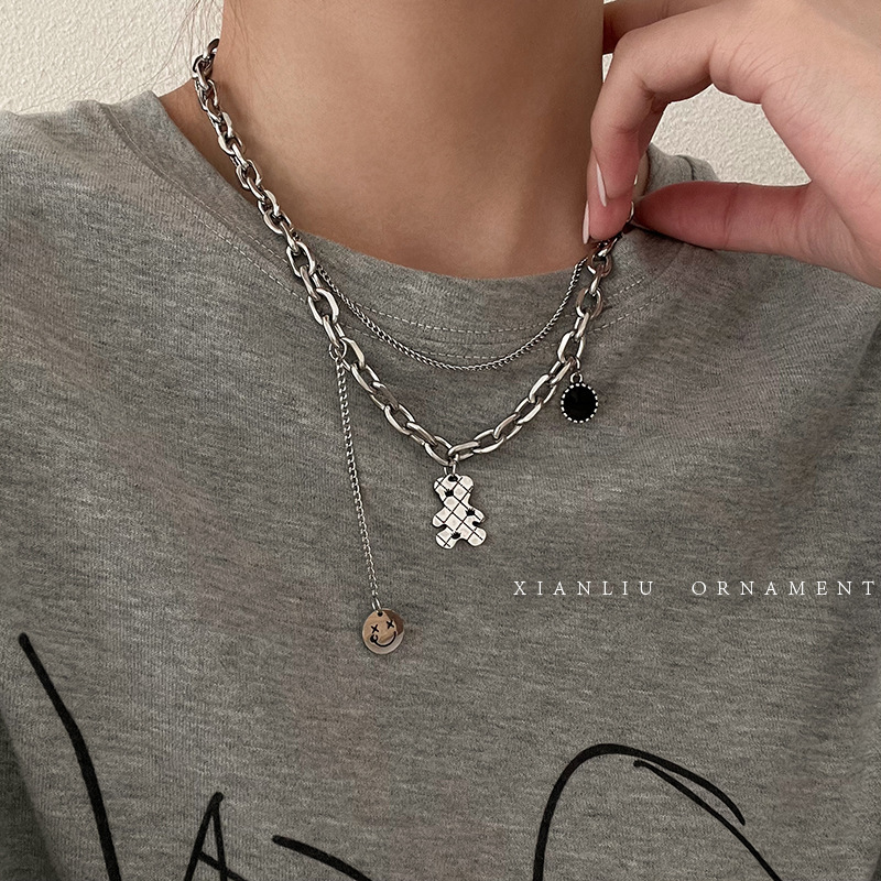 Titanium steel double-layer bear smiley face necklace Women's Light luxury niche design sense clavicle chain hip-hop punk style trendy accessories