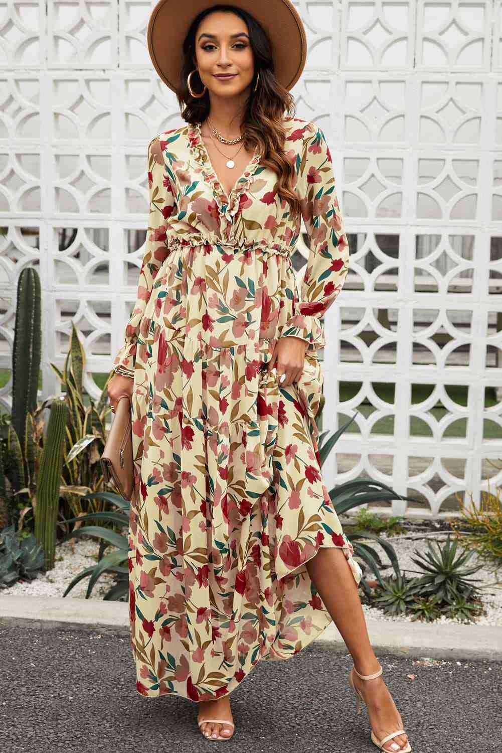 Robe de soirée bohème à manches longues, col en V, en mousseline florale, style européen et américain, collection été 2025 pour femmes_voghion.com