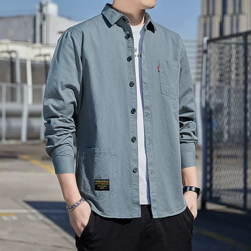 2025秋季新款男士长袖衬衫商务风学院风外套衬衣多口袋工装休闲