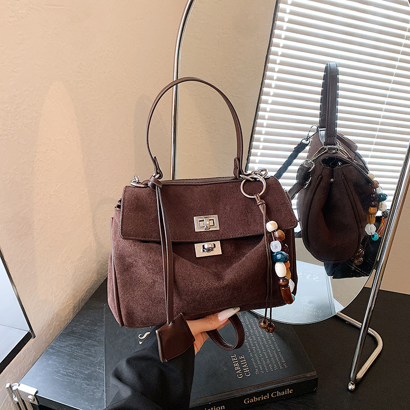 Suede Buckle Flap Convertible Handle Satchel Bag 12