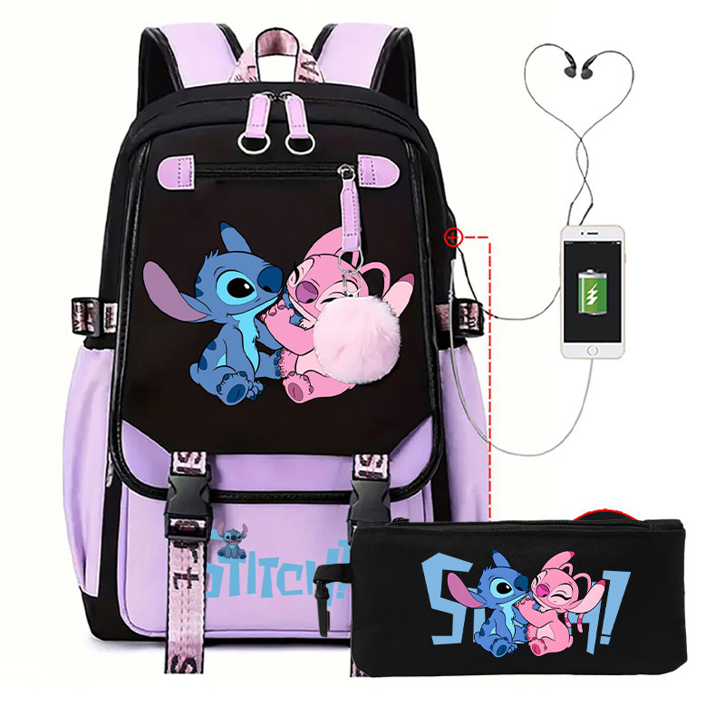 国境を越えた売れ筋アニメランドセルリロとスティッチかわいい漫画バックパック USB カジュアル学生ジッパー鉛筆バッグセット|undefined
