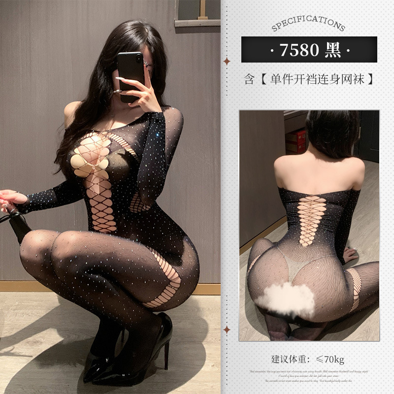 Bodysuit de Malla Abierta con Pedrería 7580 Poliéster Entrepierna Abierta, Transparente para Mujer