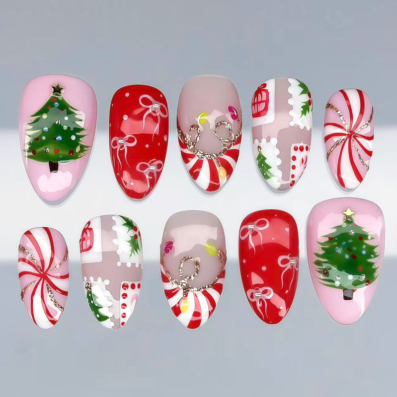 Pink Christmas-themed, gold-embellished, and trendy press-on nails for export, featuring an Instagram-inspired nail art design Pink Christmas-themed, gold-embellished, and trendy press-on nails for export, featuring an Instagram-inspired nail art design