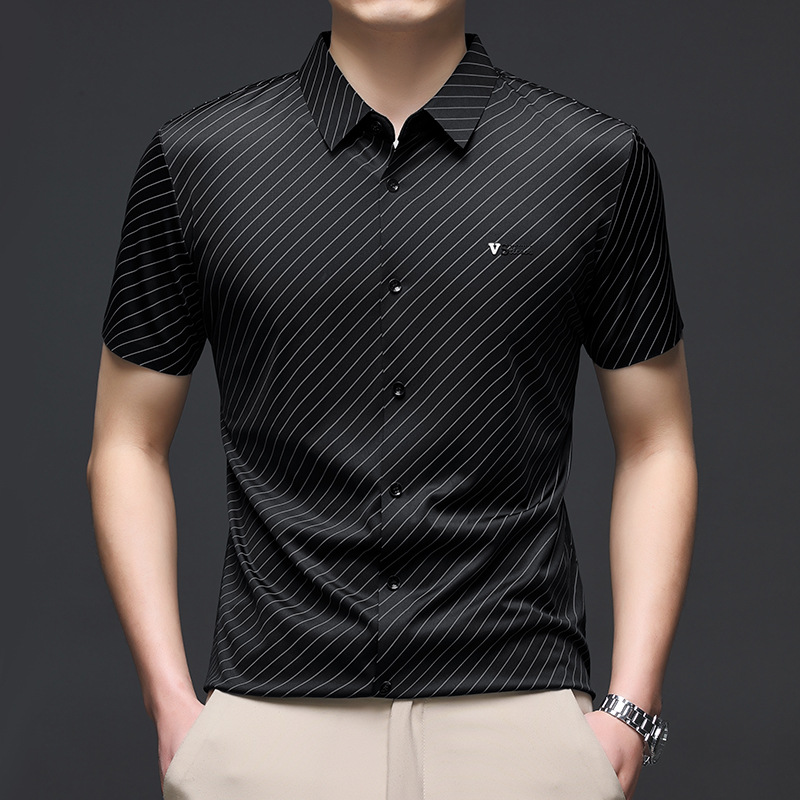 Hot live ice silk striped shirt men's 2025 summer new short sleeve cool feeling slim elastic men's shirt
