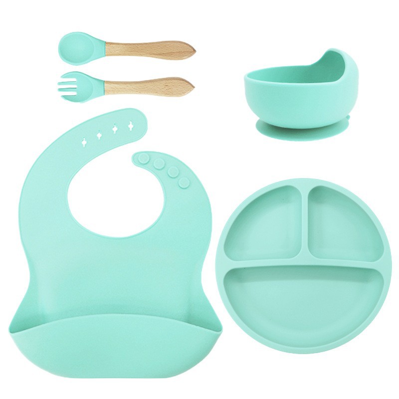 115g 턱받이 + 작은 흡입 컵 + 그릇 + 나무 포크와 스푼 민트 그린