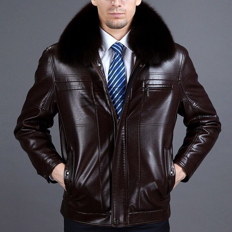 Men's Leather Jacket with Fur Collar, Fleece-Lined, Genuine Leather, Winter Coat for Middle-Aged and Elderly, Short Style with High-Quality Thickened Leather Men's Leather Jacket with Fur Collar, Fleece-Lined, Genuine Leather, Winter Coat for Middle-Aged and Elderly, Short Style with High-Quality Thickened Leather
