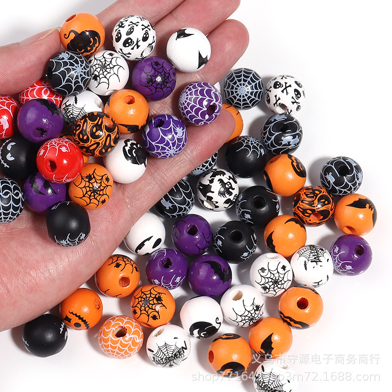 New Halloween printing Hemu round beads Pumpkin spider web skull loose beads DIY accessories beads wholesale New Halloween printing Hemu round beads Pumpkin spider web skull loose beads DIY accessories beads wholesale