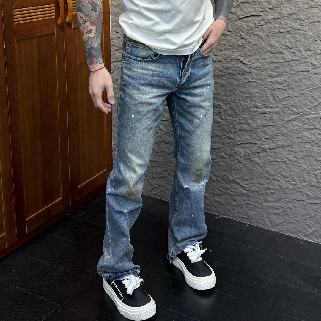 Men's Retro Graffiti Splatter Ripped Straight Leg Jeans Loose Fit Summer Design Light Luxury Thin Style_mkmklike.com