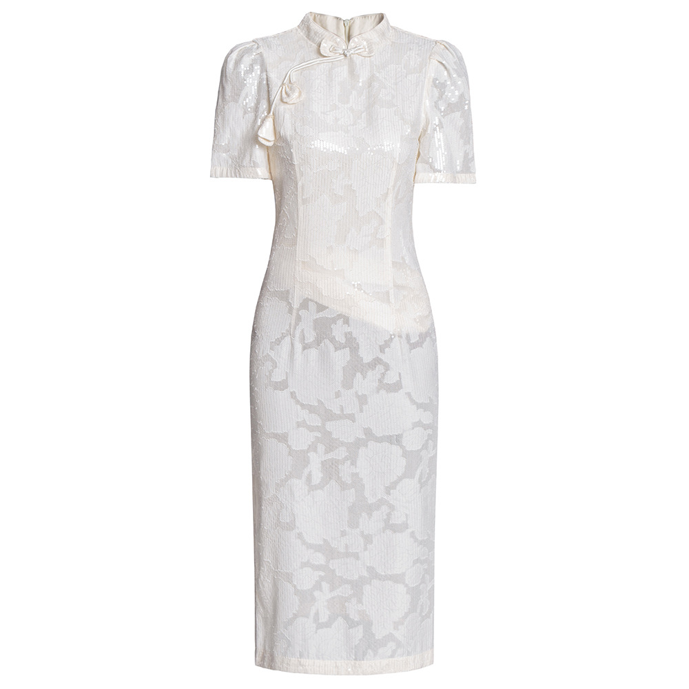 Abito slim-fit Zhili con un tocco lussuoso e sofisticato, Cheongsam modificato in stile cinese con perline, nuovo_voghion.com