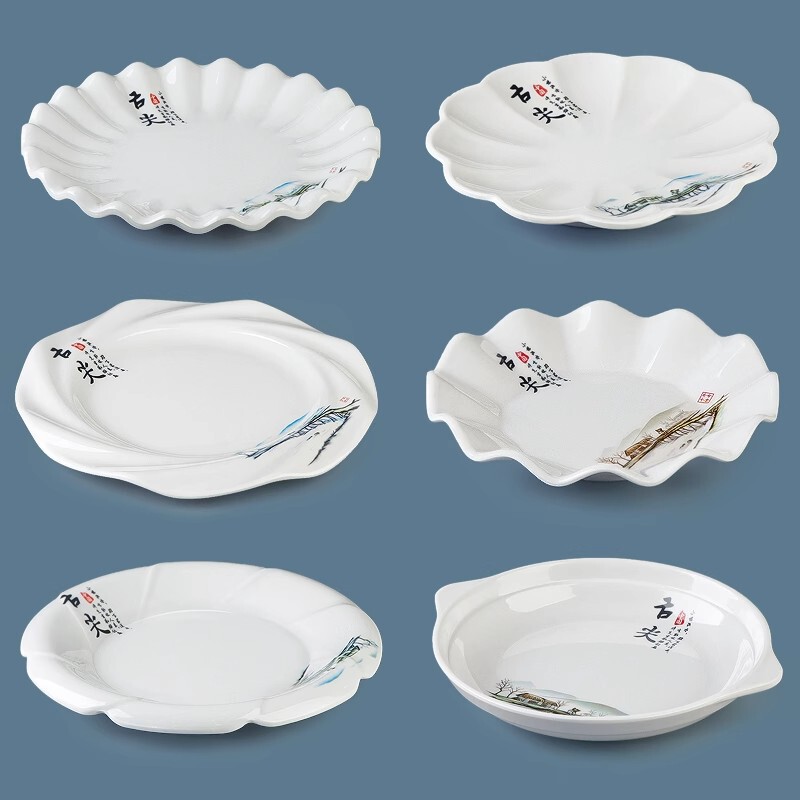 Melamine Petal Plate, Restaurant Cold Dish Plate, Rural Banquet Stir-Fry Plate, Imitation Porcelain Round Lace-Edged Dinner Plate, High Temperature Resistant