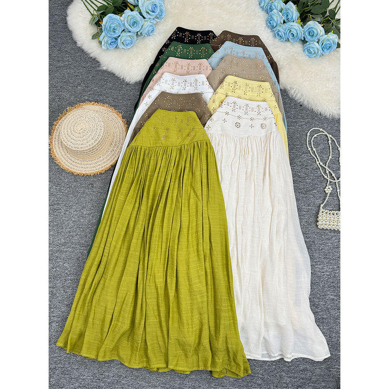 European and American Cross-Border Cotton and Linen Rhinestone Embellished Flared Skirt, Vacation Style, Versatile Beach Wear, Slimming A-Line Mid-Length Skirt for Women