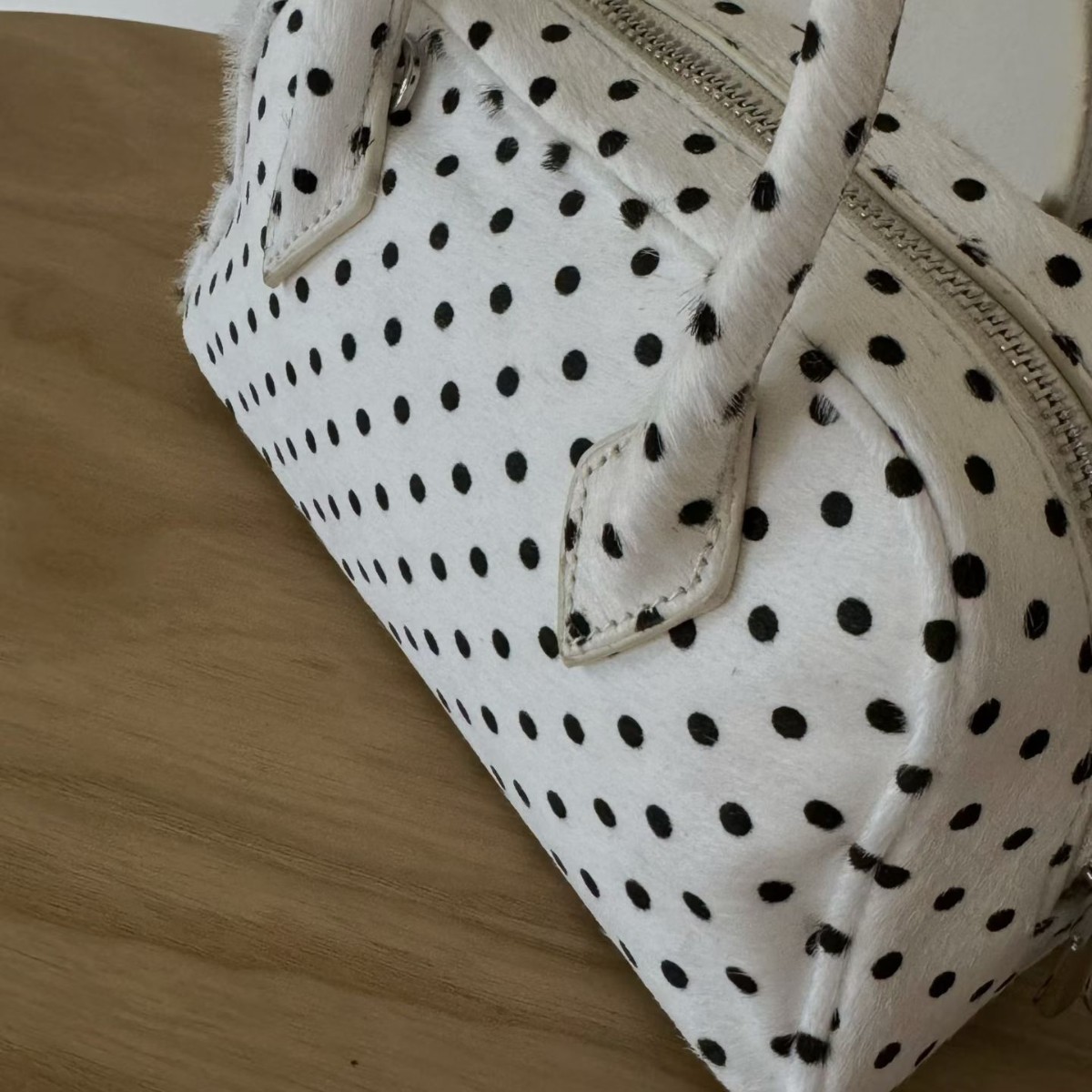 Niche Design Horsehair Polka Dot Boston Handbag Genuine Cowhide Leather Commuter Small Tote Bag - Thumbnail 3