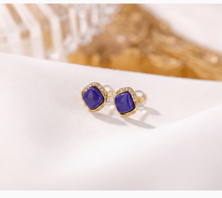 Bông tai bạc S925 đính đá lapis lazuli hình vuông phong cách — Xanh lapis lazuli chi tiết 4