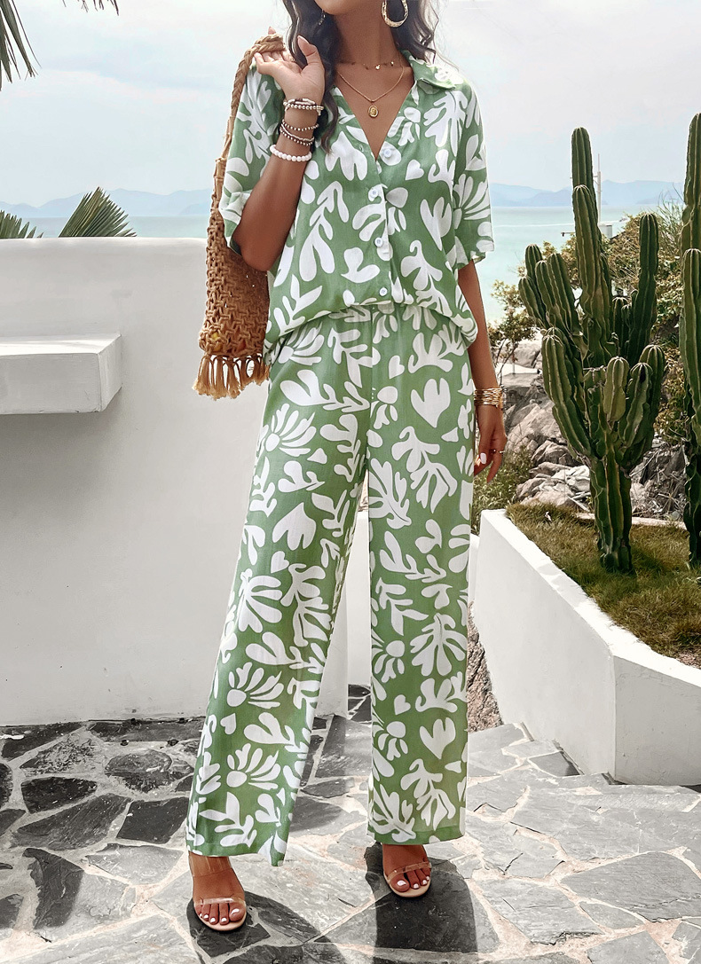 315g Weight Half Sleeve Sleeve Length Spandex Fabric Type Pant Co-ord Set Sets Type 2 Pieces Set Quantity Daily, Beach Occasion Turndown Neckline Slim Fit Type Printing, Geometric Pattern Summer Season Women's Gender Vacation Style Daily Beach Women's Vacation Printing Geometric Spandex Pant Co-ord Set Pants Sets 无