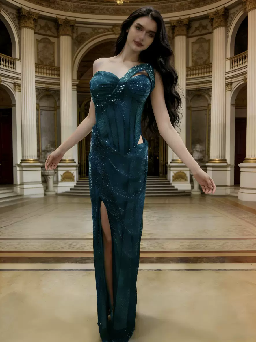 欧美跨境时尚性感抹胸重工镶钻收腰高开钗聚会年会晚宴礼服连衣裙