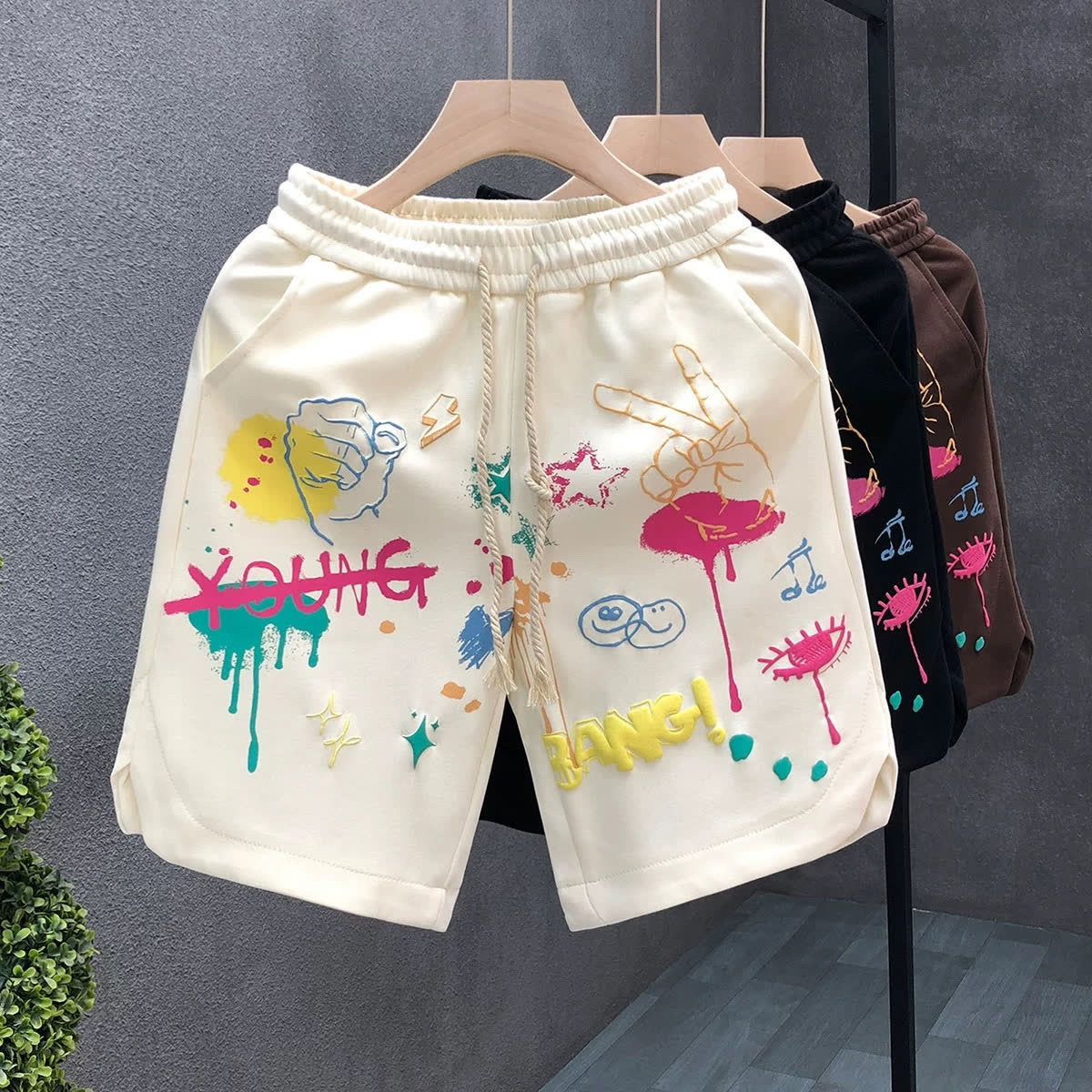 Colorful Three-Dimensional Letter Print Sports Shorts for Men, Summer Trendy High Street Casual Shorts
